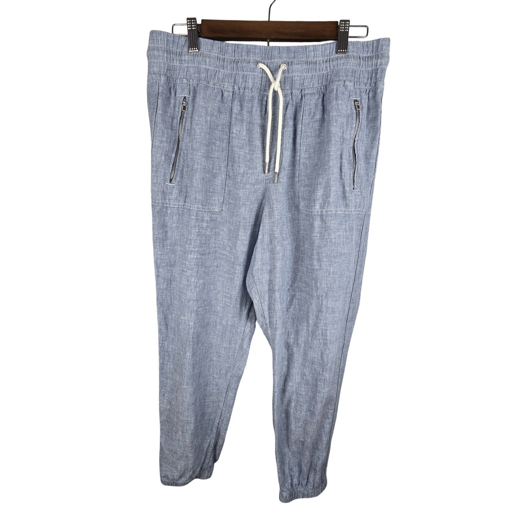 Athleta Cabo Linen Jogger Women 12 Blue Chambray Drawstring Casual Coastal Boho